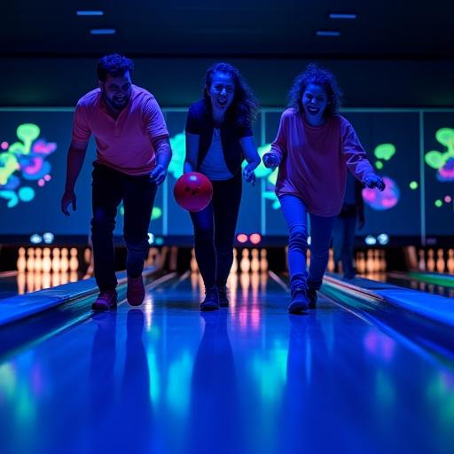 Eine Gruppe von Freunden beim Glow-in-the-Dark Bowling