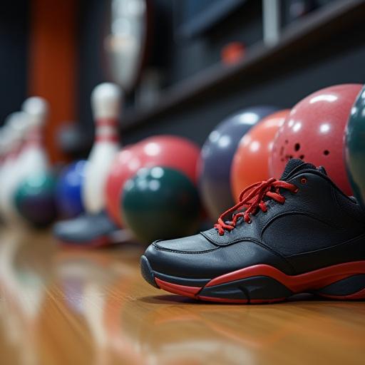 Ein professioneller Bowlingball und Schuhe im Pro Shop