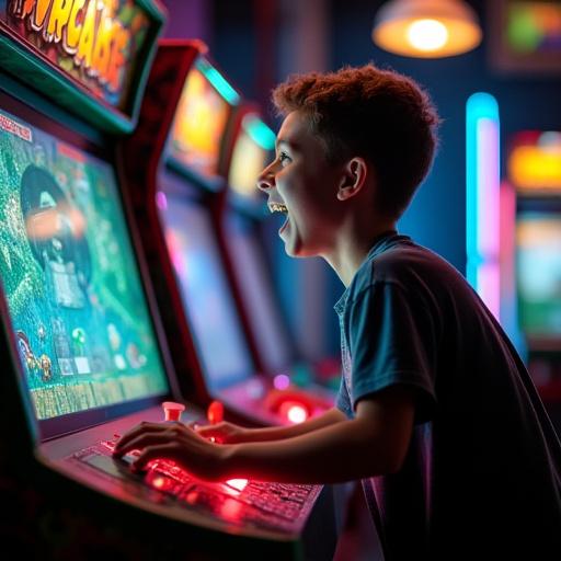 Ein Jugendlicher spielt begeistert an einem Reptilien-Themen-Arcade-Spiel