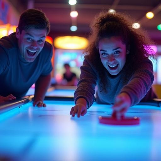 Zwei Personen spielen an einem Air-Hockey-Tisch