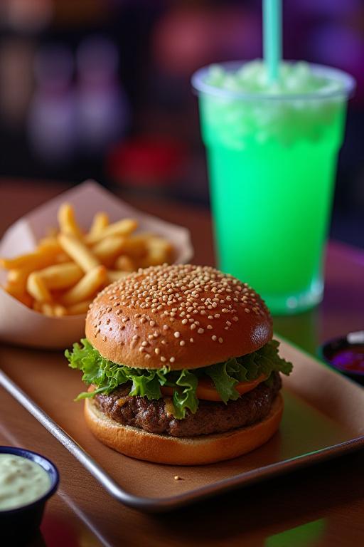 Ein Gecko Burger mit Chamäleon-Pommes und einem Glow Slushie